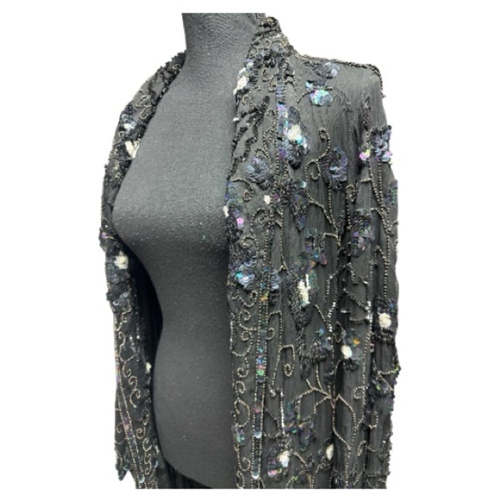 Vintage Black Silk Sequin Long Cardigan - Picture 5 of 11